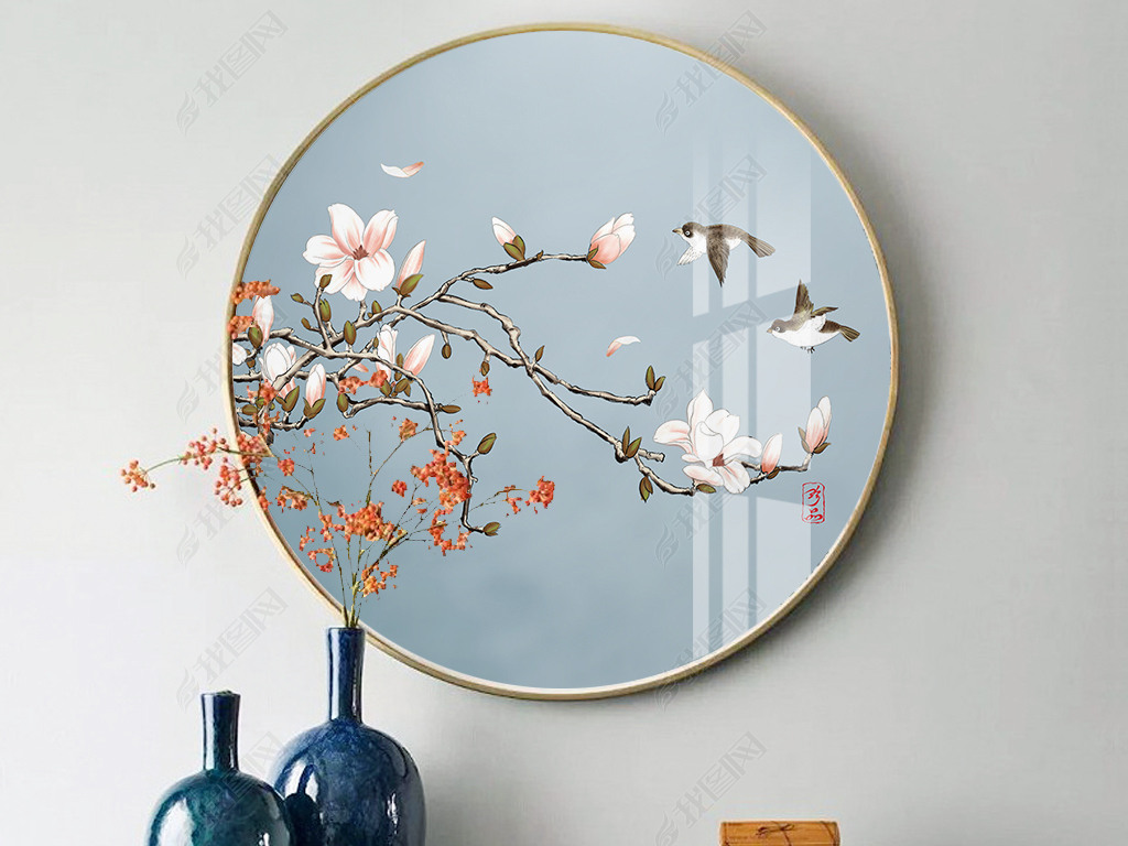 现代简约新中式手绘玉兰花工笔花鸟圆形装饰画