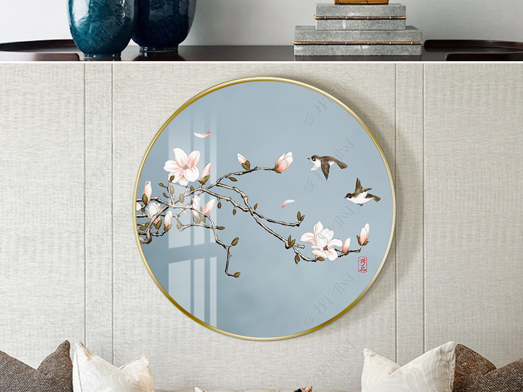 现代简约新中式手绘玉兰花工笔花鸟圆形装饰画