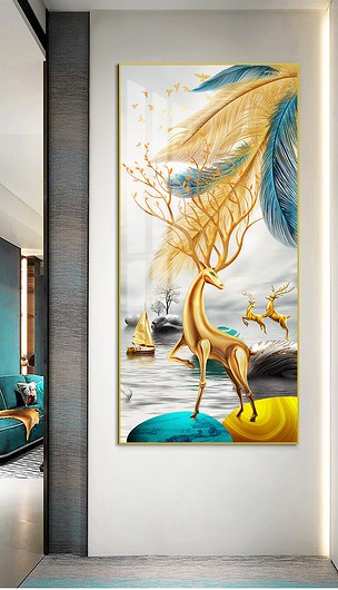 ll120新中式现代轻奢石头发财树鹿羽毛帆船玄关