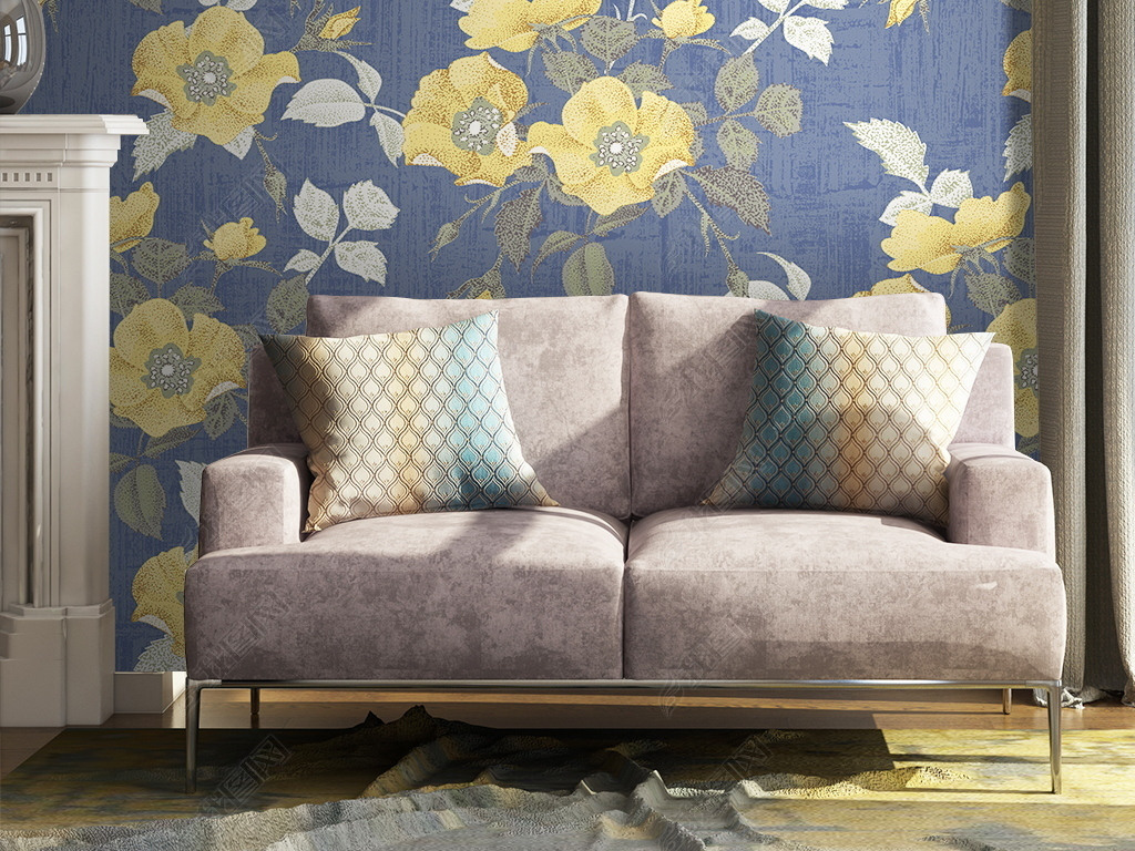 美式田园花卉乡村植物壁纸图案墙布刺绣墙纸设计