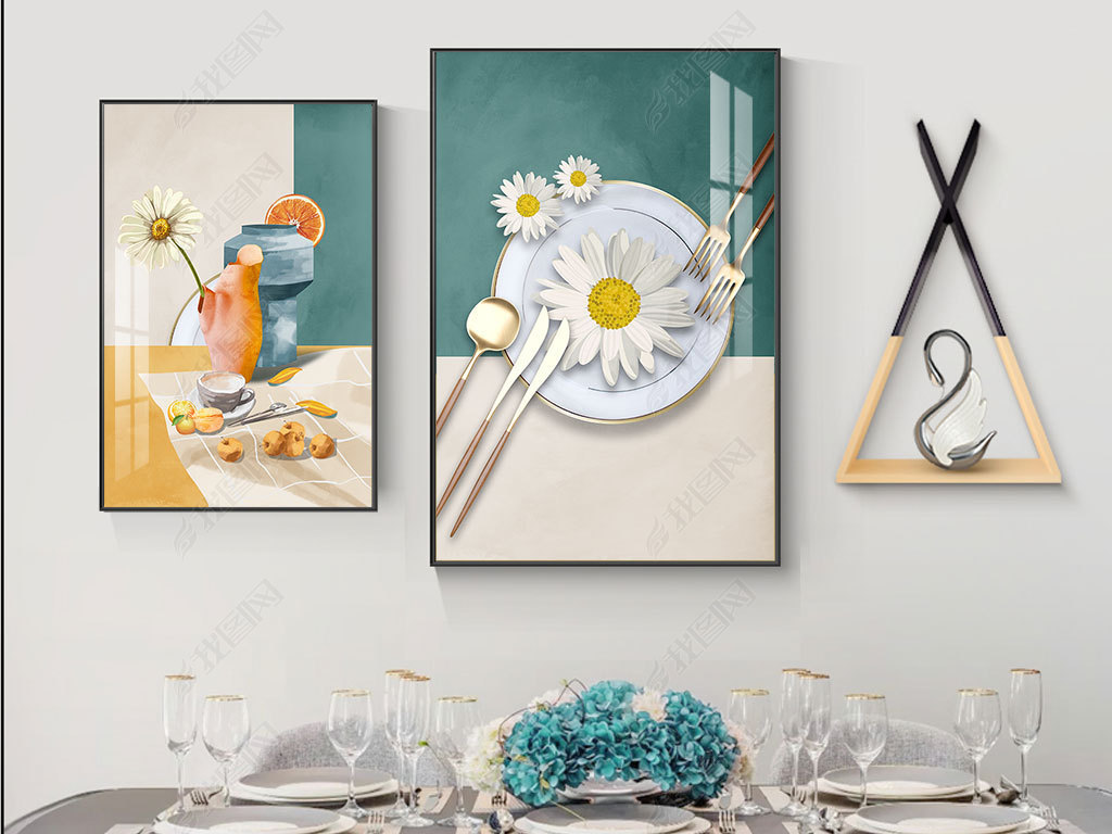 北欧餐厅装饰画现代简约轻奢饭厅餐桌墙画小清新双联挂画酒杯壁画