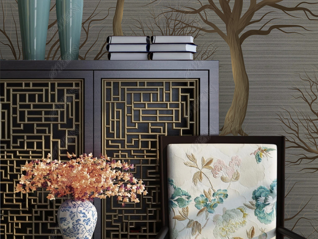 现代简约抽象树枝背景墙