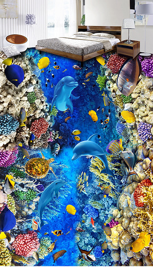 海底世界海藻海龟海豚3d立体地板立体画地板