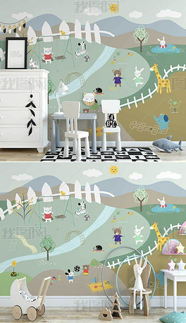 北欧ins手绘草原卡通小动物儿童房室内背景墙