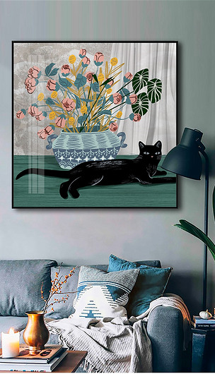 现代简约珥本风北欧手绘猫与盆景花瓶方形装饰画