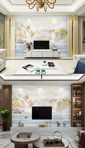 财源广进新中式金色山水风水画木格栅电视背景墙