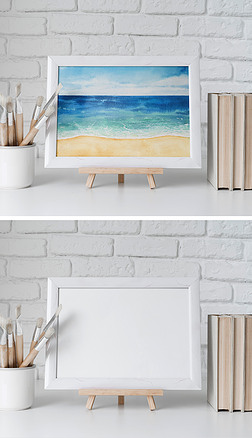 手绘水彩海岸海景大海装饰画场景样机