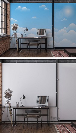 现代书房室内蓝天白云背景墙场景样机