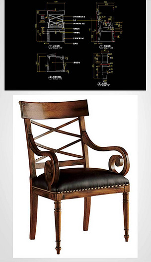 古典型实木型扶手椅cad家具图纸