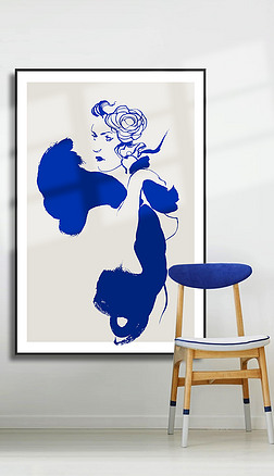 简约轻奢抽象克莱因蓝水墨美女人物玄关装饰画