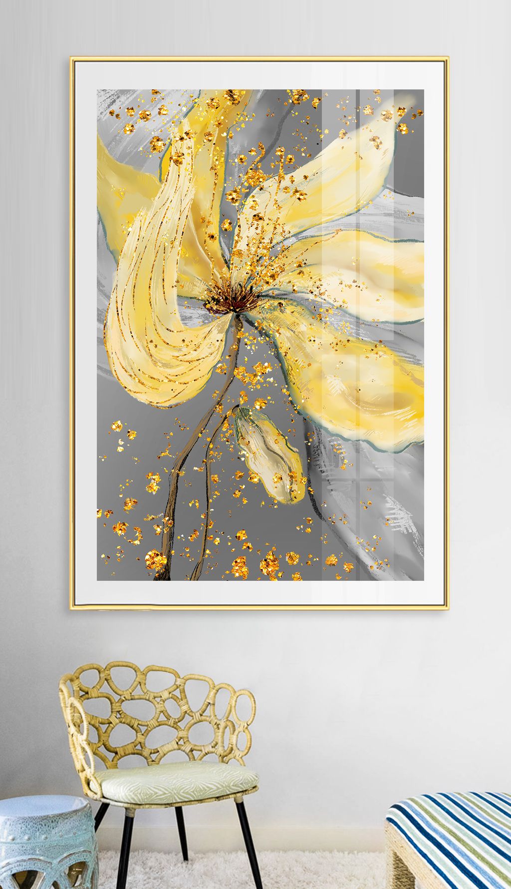 原创现代简约油画烁金花卉餐厅抽象金箔画装饰画8版权可商用