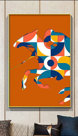 北欧现代抽象简约爱马仕橙色马几何晶瓷画装饰画