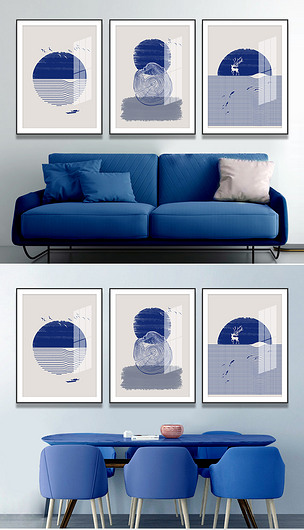 简约轻奢抽象克莱因蓝线条油画客厅沙发装饰画