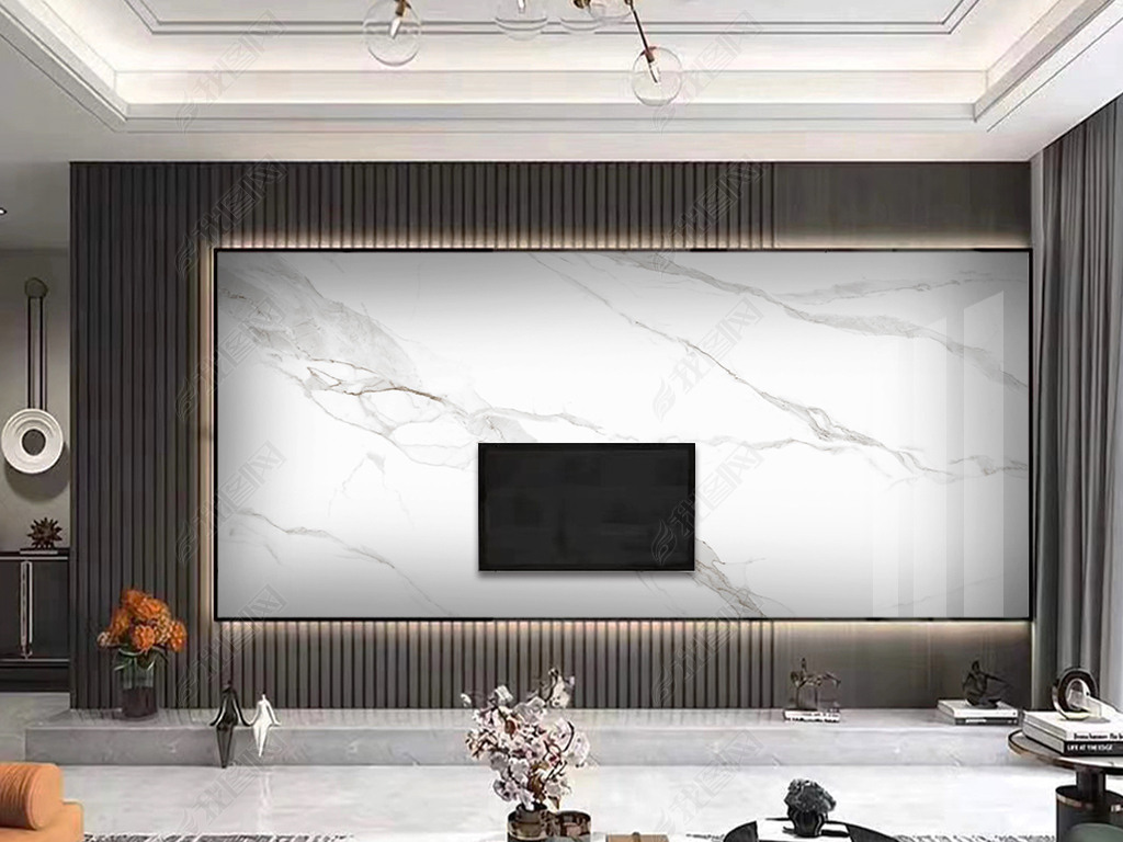 现代爵士白鱼肚白大理石电视背景墙