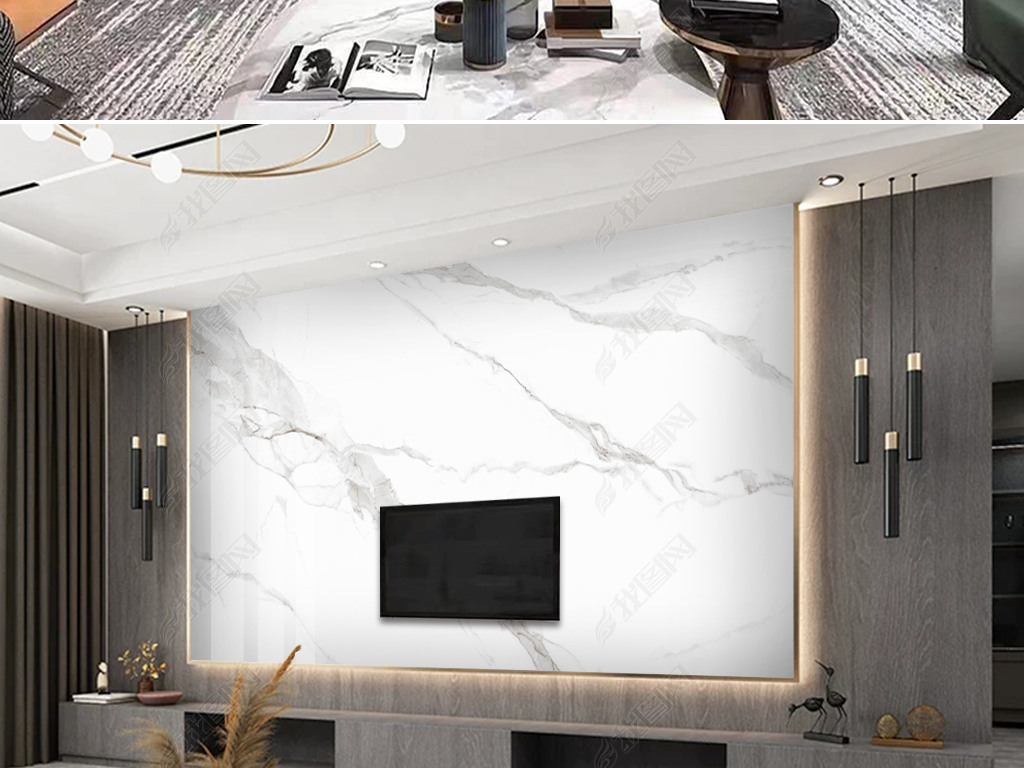 现代爵士白鱼肚白大理石电视背景墙