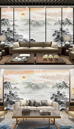 丹青山水画背景墙|水墨山水电视背景墙江南水乡丹青书房装饰画壁画