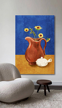 手绘色块花瓶向日葵莫兰迪克莱因蓝抽象装饰画