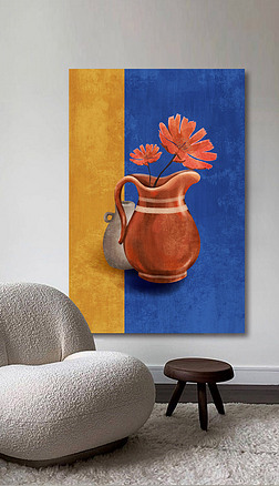 手绘色块花瓶花卉几何莫兰迪克莱因蓝抽象装饰画