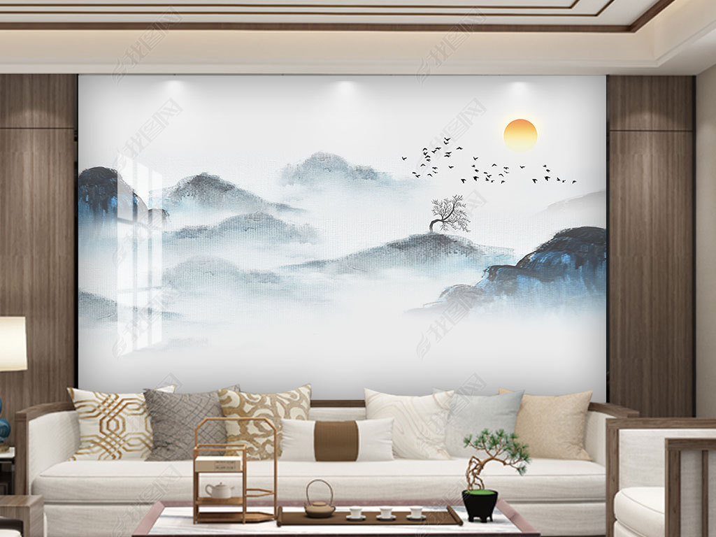原创原创手绘山水图浅灰中式电视背景墙壁画版权可商用