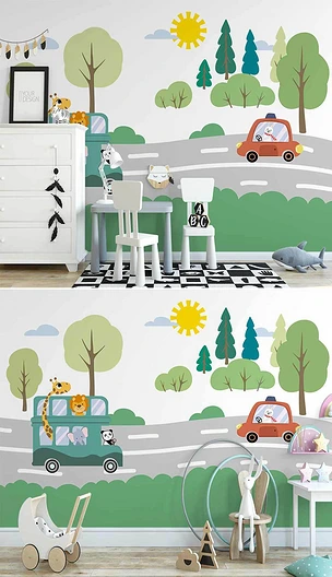 北欧ins手绘卡通小动物公路小汽车儿童背景墙