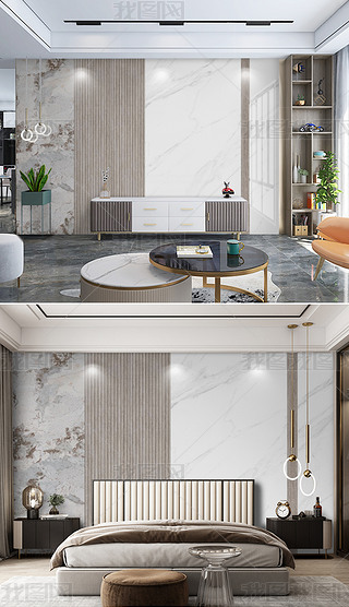 现代简约轻奢爵士白大理石木纹组合木格栅背景墙