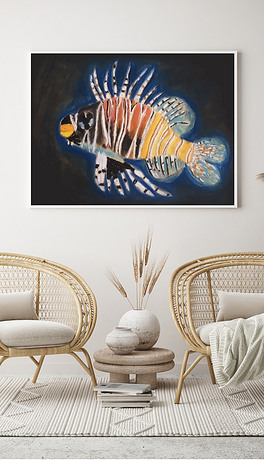 客厅玄关纯手绘魔鬼鱼矢量巨幅装饰画