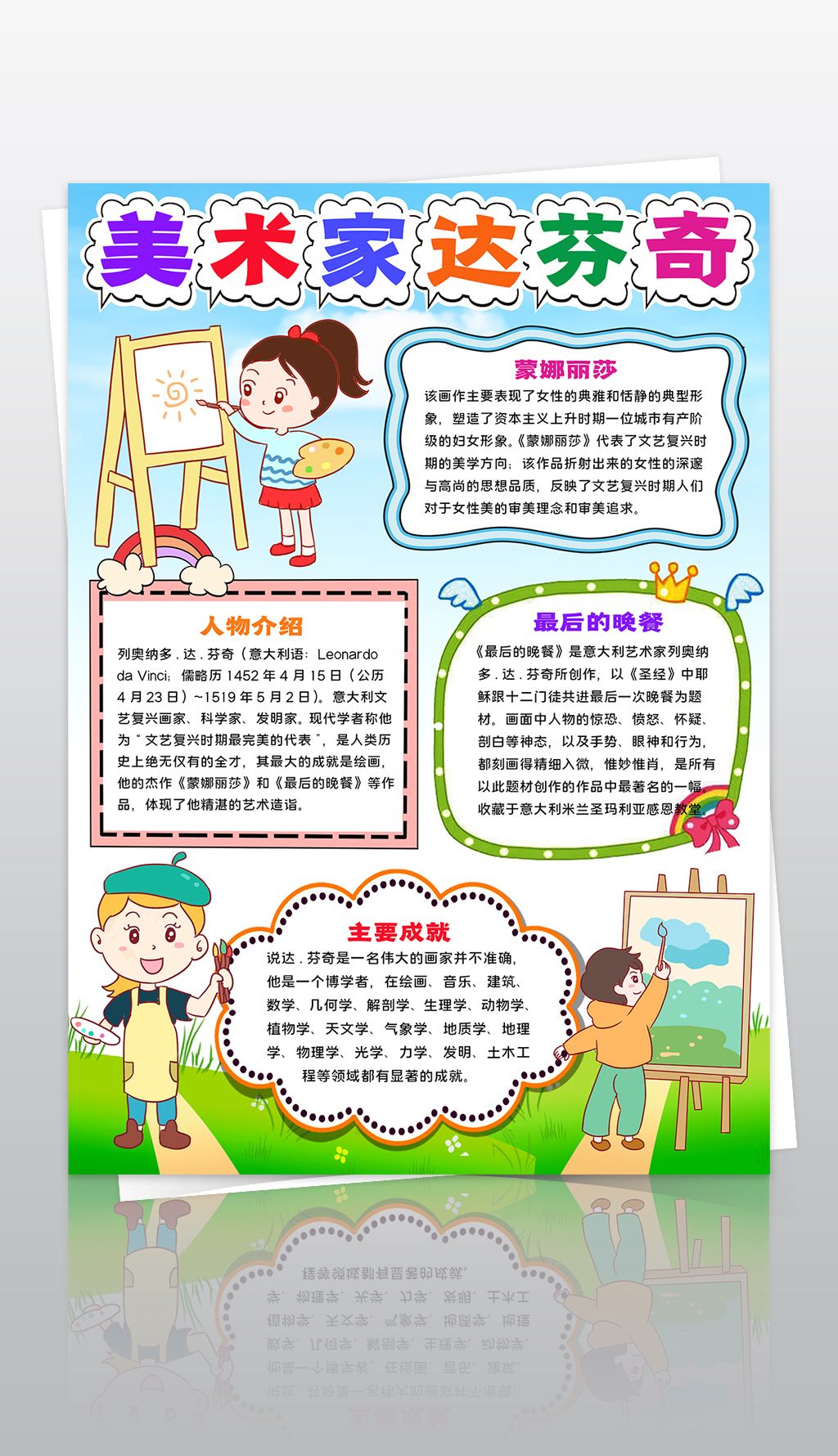 竖版卡通美术家手抄报达芬奇艺术家名人电子小报