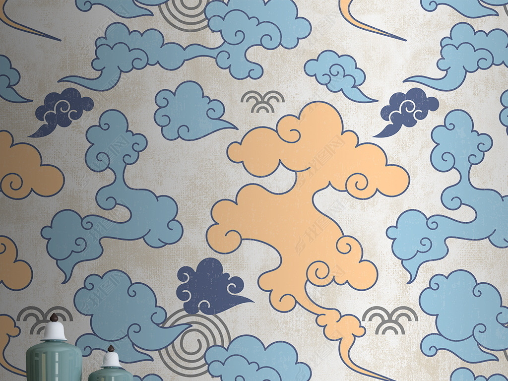 新中式祥云壁纸图案墙纸壁画中式壁纸设计背景墙