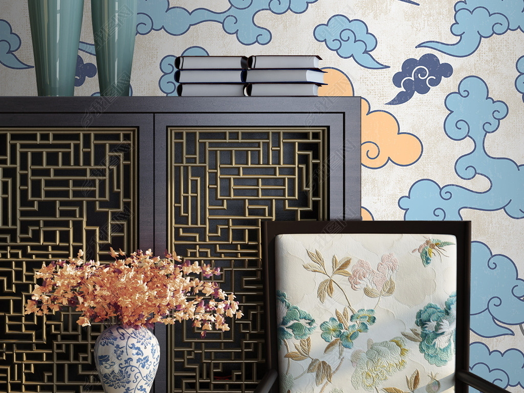 新中式祥云壁纸图案墙纸壁画中式壁纸设计背景墙