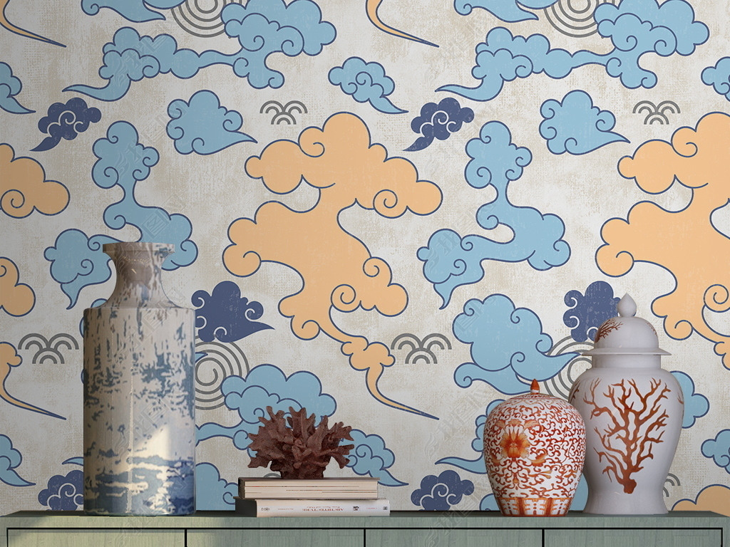 新中式祥云壁纸图案墙纸壁画中式壁纸设计背景墙