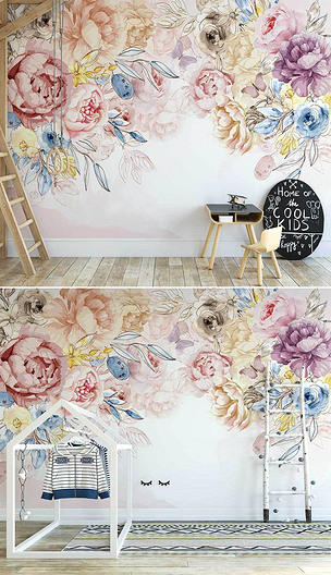北欧手绘淡雅花朵手绘蔷薇美式田园风室内背景墙
