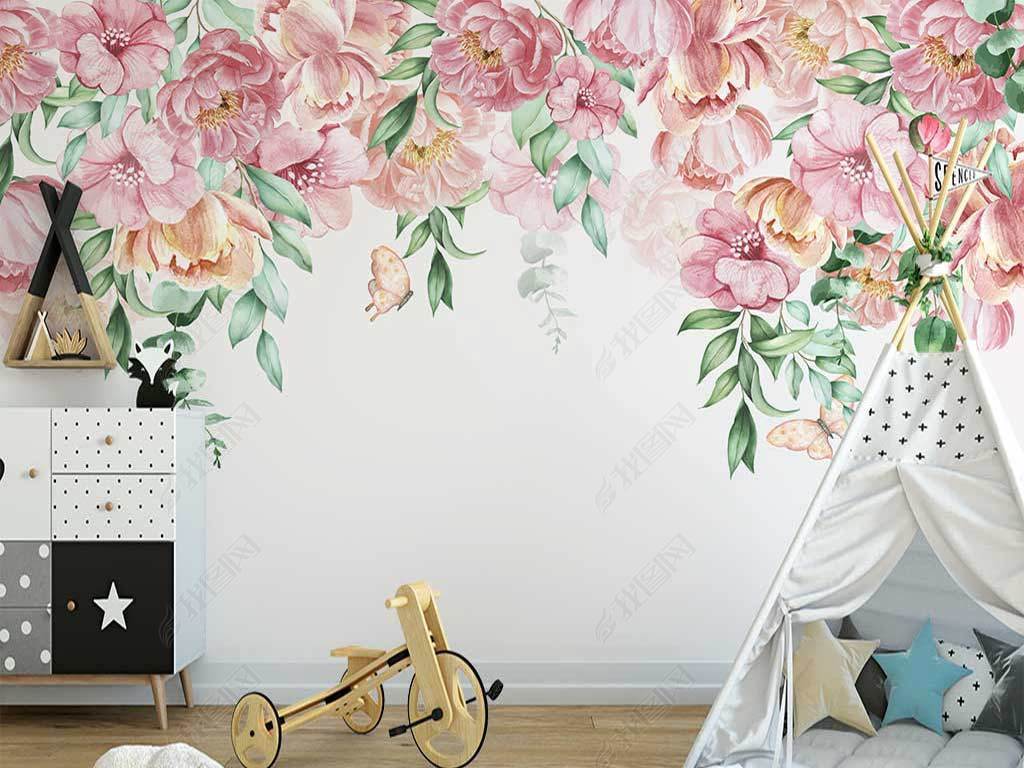 北欧ins手绘浪漫蔷薇花美式田园风室内背景墙