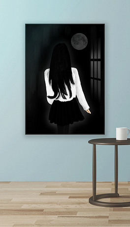 手绘美女背影装饰画黑白装饰画玄关装饰画