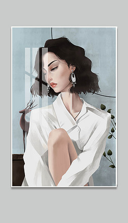 手绘时尚少女居家生活场景客厅卧室装饰画