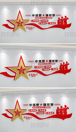 红色3D军队部队党建文化墙布置模板