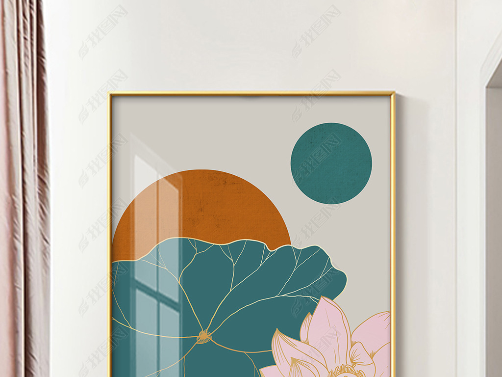 现代简约抽象几何荷花线条花卉挂画玄关装饰画