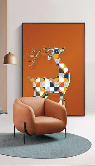 北欧现代轻奢橙色爱马仕麋鹿立体玄关装饰画