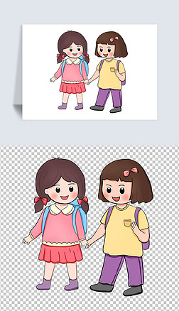 手绘卡通背着书包的小学生png免扣素材
