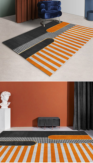 轻奢现代爱马仕橙千鸟格几何地毯客厅地垫2