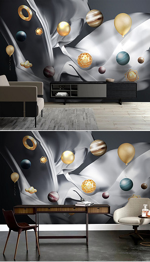 时尚3d立体星球丝绸轻奢简约电视背景墙壁画