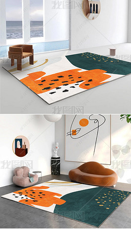 北欧风现代手绘莫兰迪色几何色块手绘地毯茶几垫