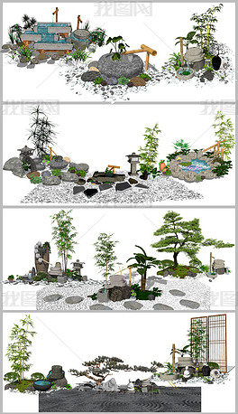 新中式庭院流水绿植景观小品SU模型