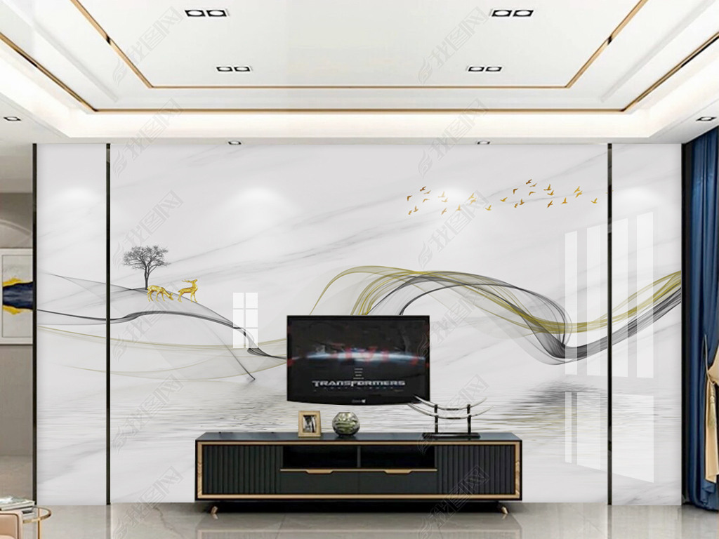 新中式水墨抽象烟雾线条倒映山水大理石背景墙