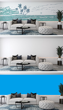 现代客厅手绘大海风景墙纸背景墙场景样机