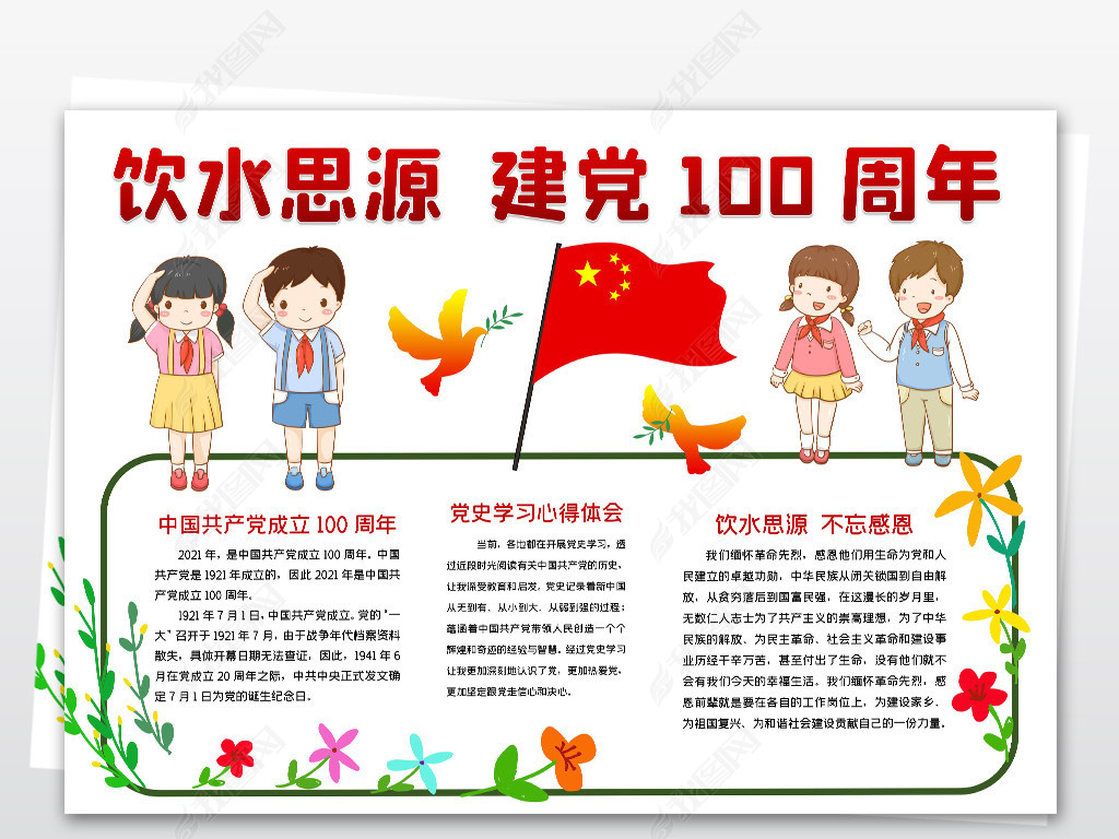 原创饮水思源庆祝建党一百100周年小报手抄报模板