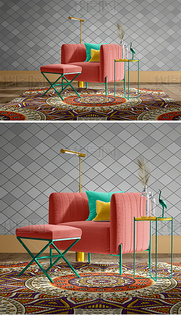 高品质北欧现代客厅地毯沙发墙砖装修效果图样机
