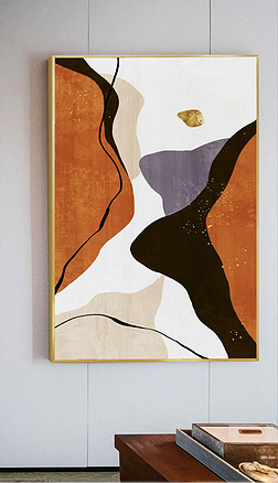 几何爱马仕橙抽象轻奢油画色块金线客厅装饰画