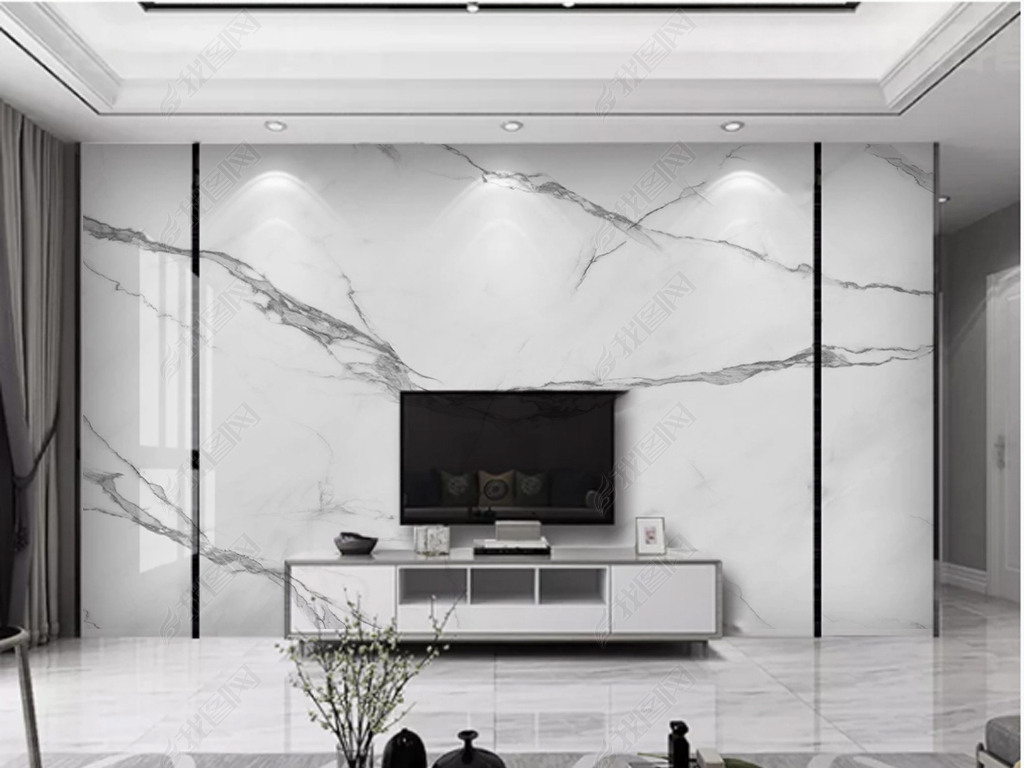 新中式爵士白鱼肚白大理石纹电视背景墙415