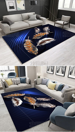 轻奢黑金动感抽象线条羽毛地毯图案设计