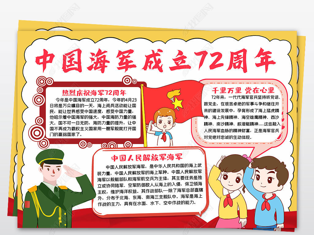 原创卡通中国海军成立72周年小报观后感手抄报模板版权可商用
